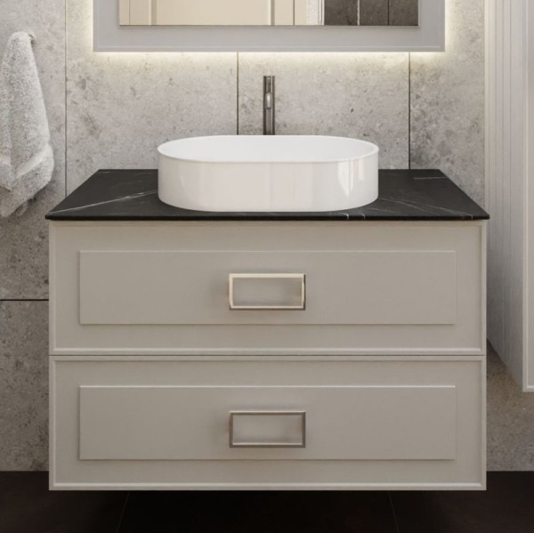 Тумба под раковину со столешницей La Fenice Cubo Twin 100 подвесная, cappuccino , бежевая матовая, столешница черный мрамор. ручки белые