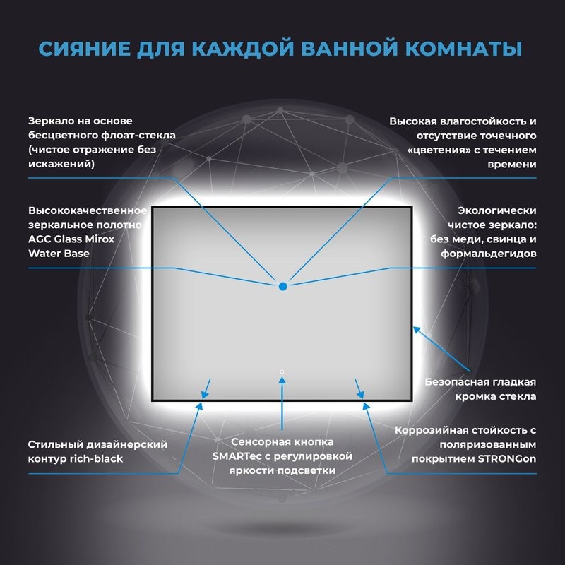 Зеркало Wellsee 7 Rays’ Spectrum 120х70 с подсветкой, черное