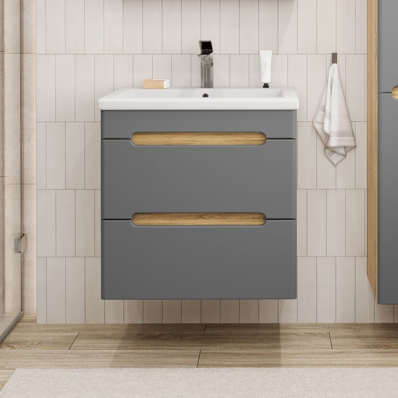 Тумба с раковиной SanStar Diva 50 подвесная, графит софт, дуб вотан, раковина Como 50