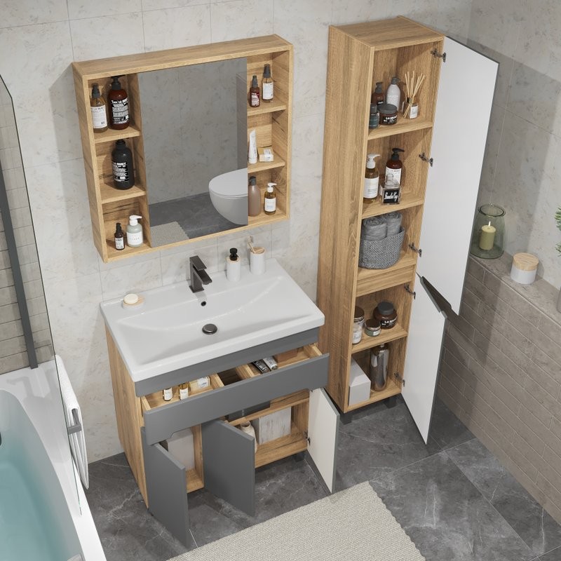 Тумба с раковиной SanStar Модена 80 напольная, графит софт, дуб вотан, раковина Fest 80