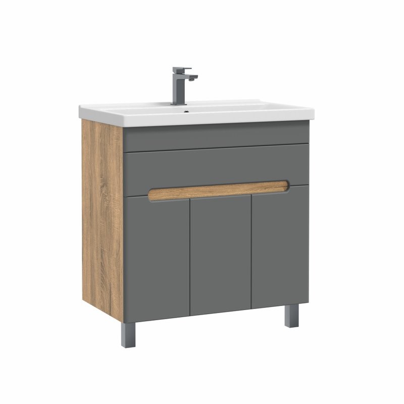 Тумба с раковиной SanStar Модена 80 напольная, графит софт, дуб вотан, раковина Fest 80