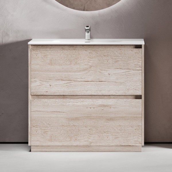Тумба с раковиной Sancos Libra Floor 90 дуб галифакс натуральный, белая раковина CN7002