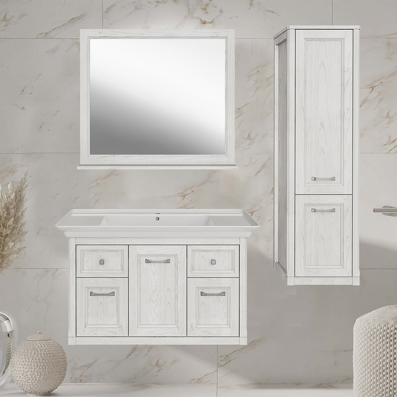 Тумба с раковиной ASB-Woodline Толедо 105 белая, патина серебро