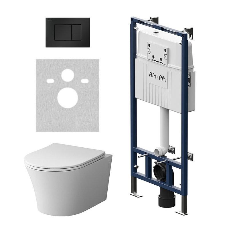 Комплект Унитаз подвесной Damixa Skyline DX35C1700SC безободковый, с микролифтом + Инсталляция AM.PM MasterFit I012710.0238 с кнопкой ProC S черный матовый