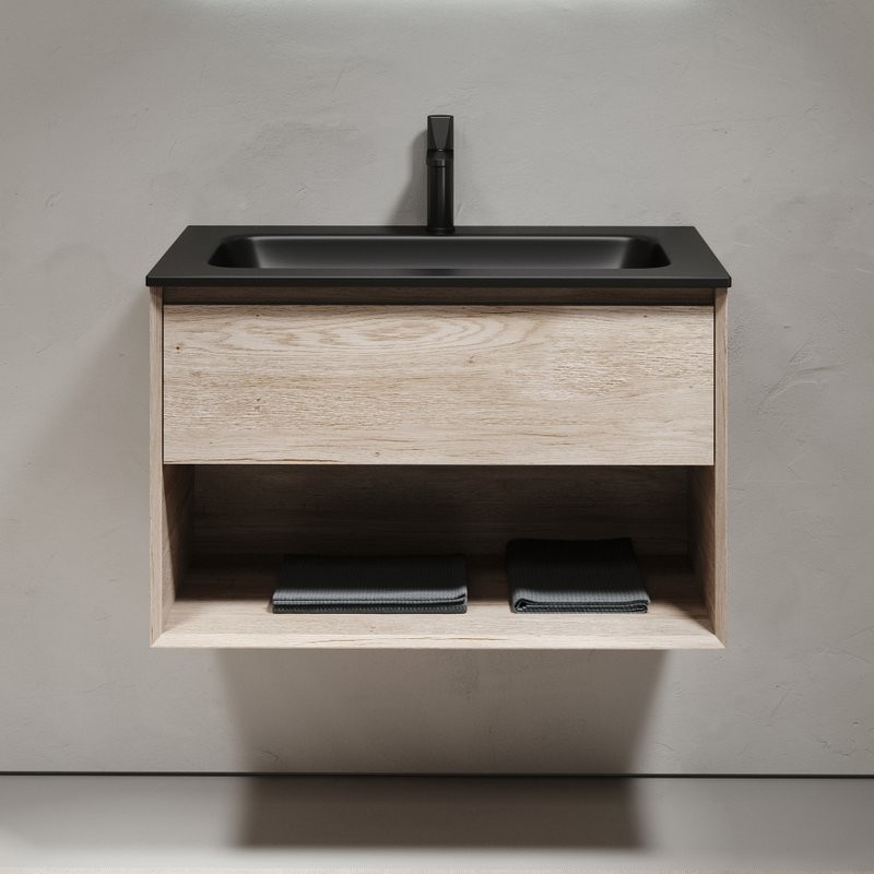 Мебель для ванной комнаты Sancos Marmi 1.0 80 черная раковина, дуб галифакс натуральный