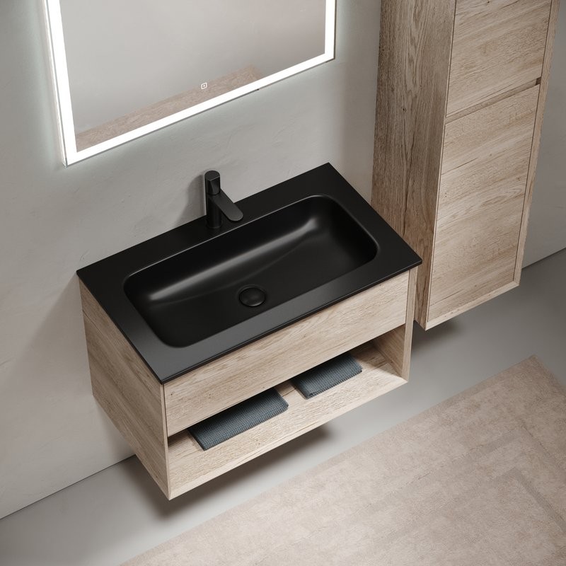 Мебель для ванной комнаты Sancos Marmi 1.0 80 черная раковина, дуб галифакс натуральный