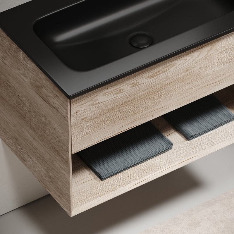 Мебель для ванной комнаты Sancos Marmi 1.0 80 черная раковина, дуб галифакс натуральный