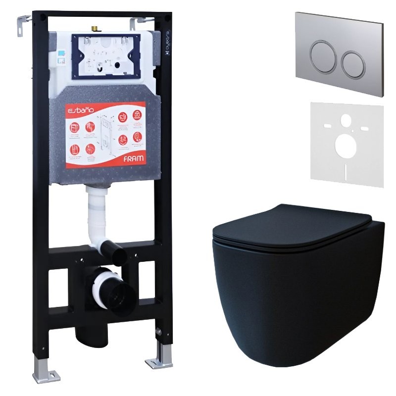 Комплект 3 в 1 Унитаз подвесной Esbano ESUPGARABM + Инсталляция Fram + Кнопка ESINKRG11MC цвет матовый хром
