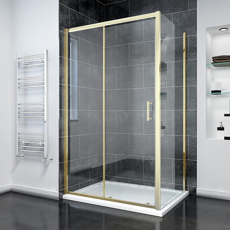 Душевой уголок Veconi Rovigo RV-055G 150х70 см, профиль брашированное золото, стекло прозрачное