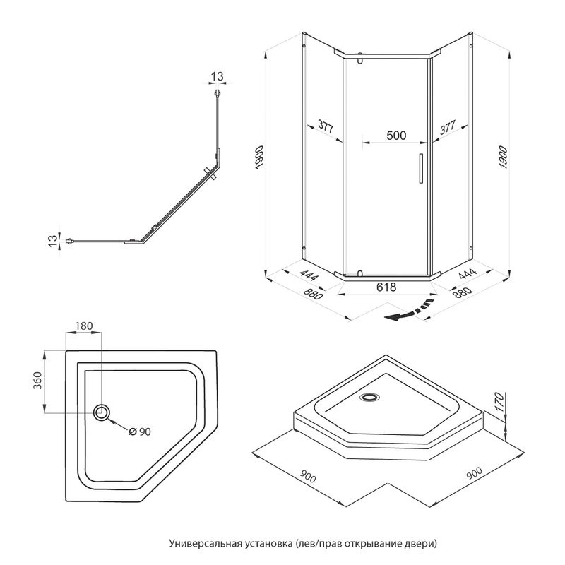 Душевой уголок Triton Дека -Голд 90x90, профиль золото, стекло прозрачное