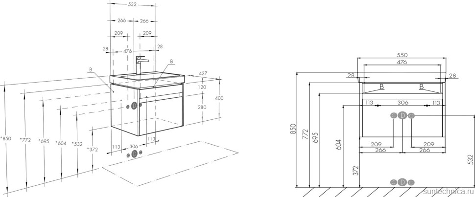Тумба с раковиной AQUATON Марти 55 ясень шимо