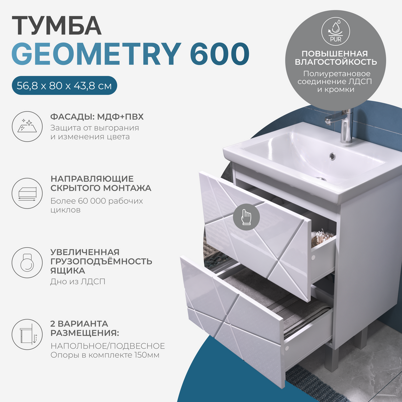Мебель для ванной комнаты Vigo Geometry 60 напольная, белая, раковина Como 60
