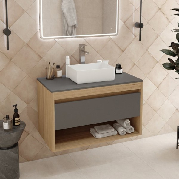 Тумба с раковиной Teymi Ritta 85 дуб эврика, матовый графит, раковина Helmi Mini 38