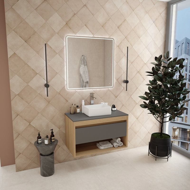 Тумба с раковиной Teymi Ritta 85 дуб эврика, матовый графит, раковина Helmi Mini 38