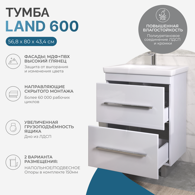 Тумба с раковиной Vigo Land 60 напольная, белая, раковина Como 60