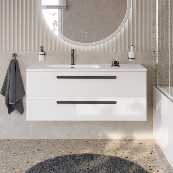 Тумба с раковиной Cezares Eco Cer-N 120 L bianco lucido, раковина Duet 120 L, ручки матовые черные