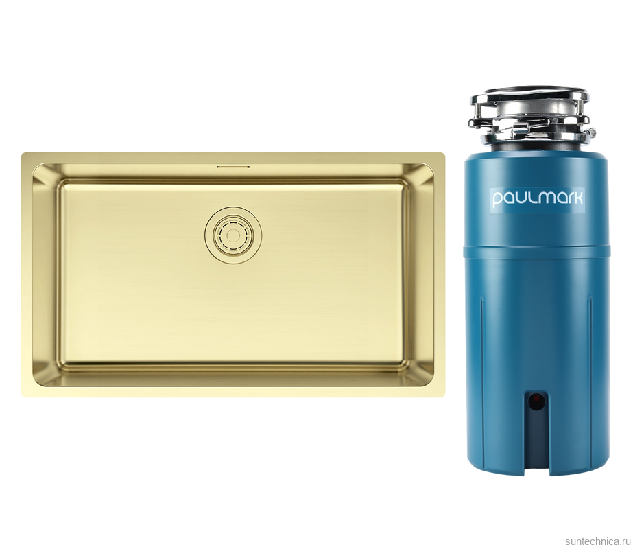 Комплект Мойка Paulmark Yuni YU76-LG светлое золото + Измельчитель Intenso