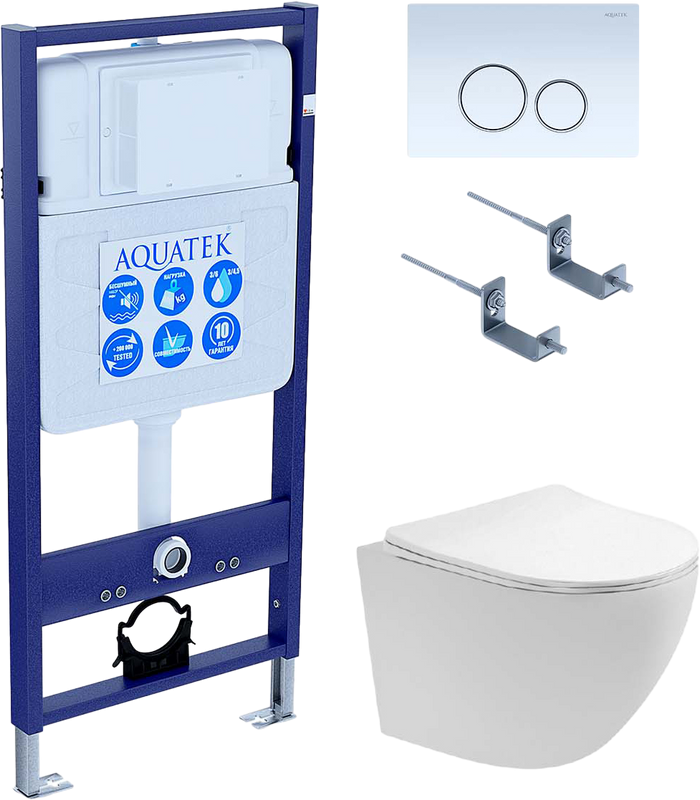 Комплект Унитаз подвесной AQUATEK Европа AQ1900T-00 безободковый, с микролифтом + Инсталляция Standard INS-0000012 + Комплект креплений KKI-0000002 + Кнопка KDI-0000015 белая