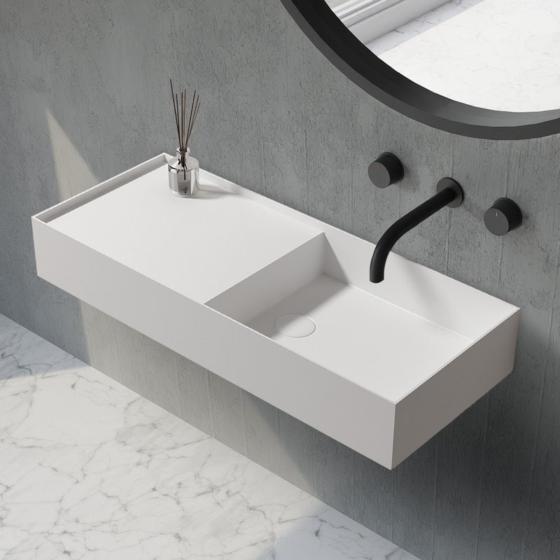 Раковина подвесная Abber Stein AS2648 80 матовая белая, прямоугольная, искусственный камень, со столешницей слева