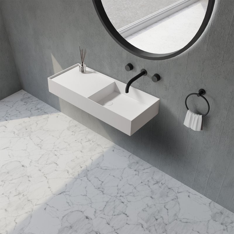 Раковина подвесная Abber Stein AS2648 80 матовая белая, прямоугольная, искусственный камень, со столешницей слева