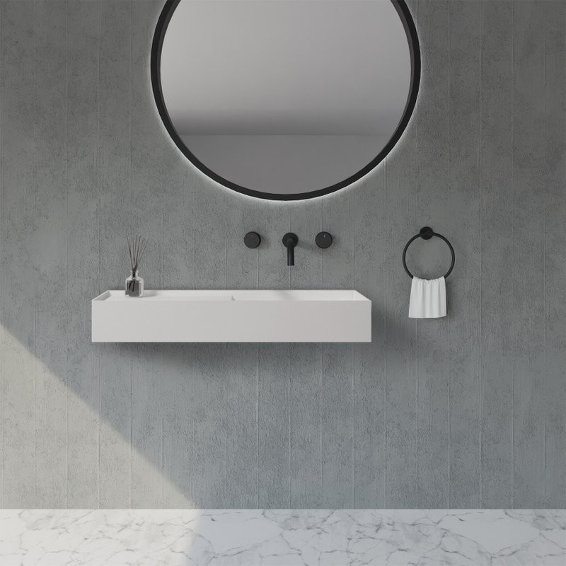 Раковина подвесная Abber Stein AS2648 80 матовая белая, прямоугольная, искусственный камень, со столешницей слева