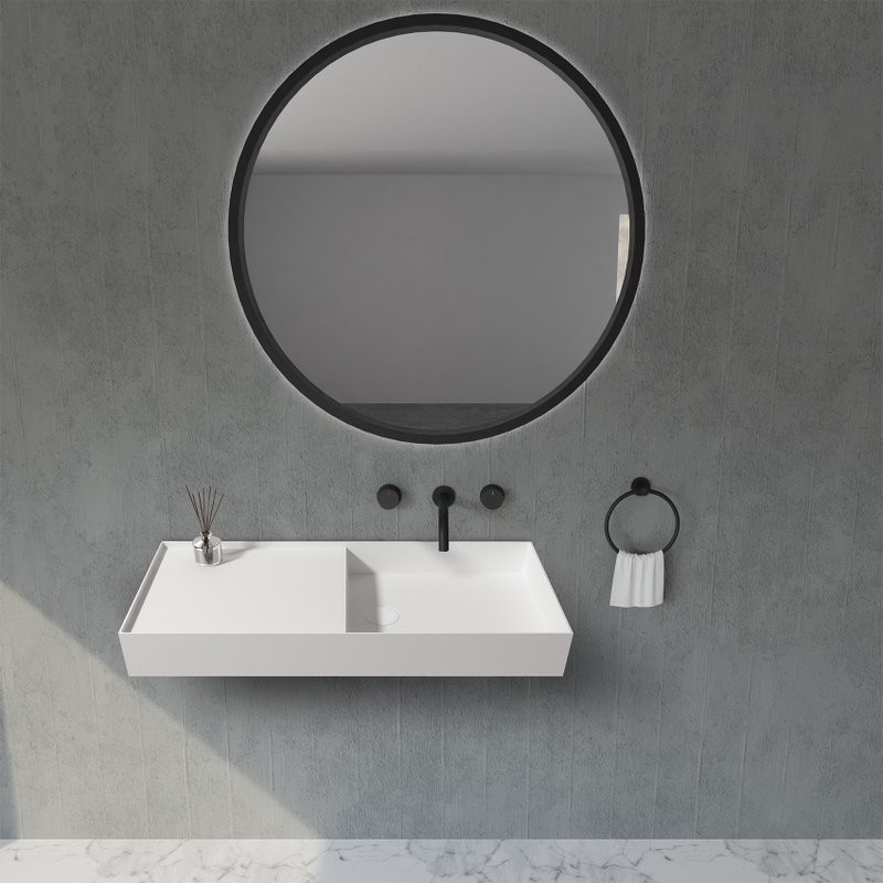 Раковина подвесная Abber Stein AS2648 80 матовая белая, прямоугольная, искусственный камень, со столешницей слева