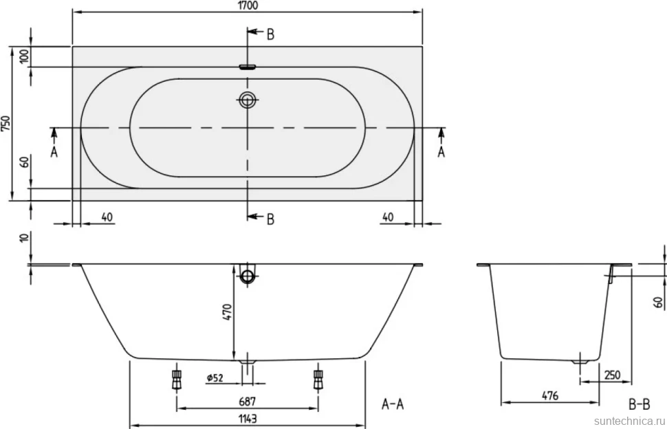 Акриловая ванна Villeroy & Boch Oberon 2.0 UBQ170OBR2DV-01 170x75 см, встраиваемая, цвет альпийский белый, на ножках, со сливом-переливом, фурнитура белая