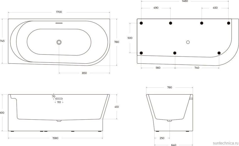 Акриловая ванна BelBagno BB410-1700-780-L без опоры 170x80 см, левая, пристенная, белая, со сливом-переливом
