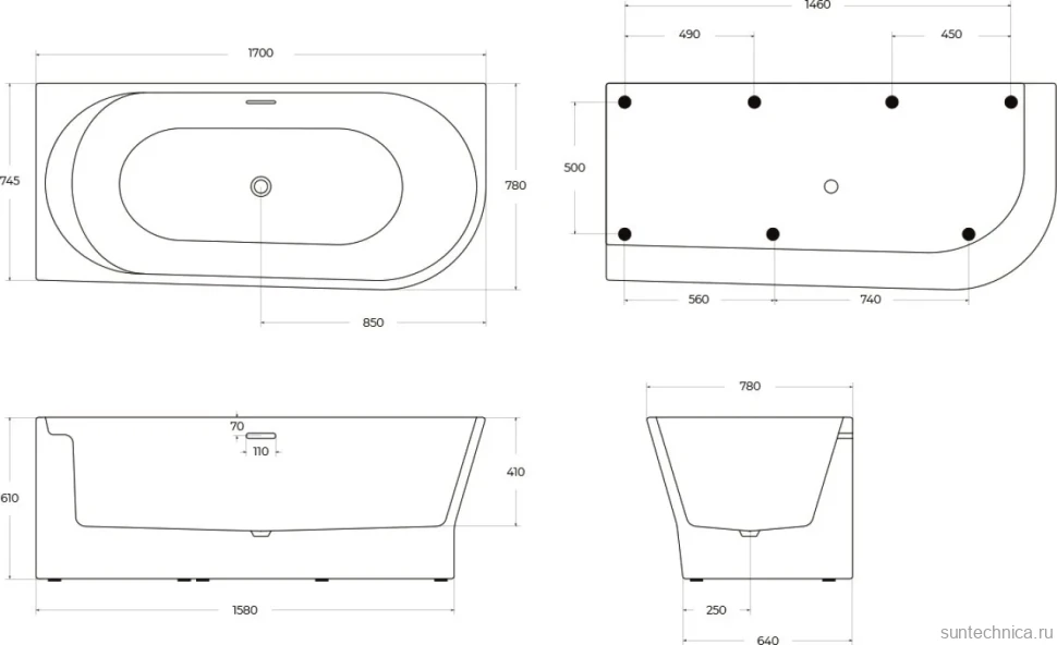 Акриловая ванна BelBagno BB410-1700-780-L без опоры 170x80 см, левая, пристенная, белая, со сливом-переливом