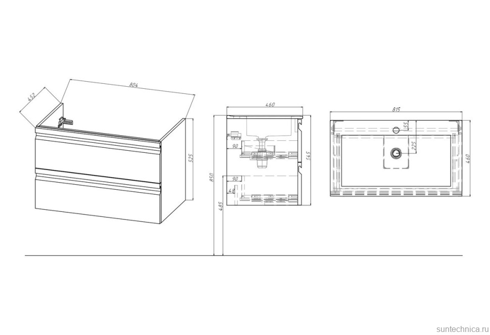 Тумба с раковиной AQUATEK Вега 80 подвесная, 2 ящика, матовая серая