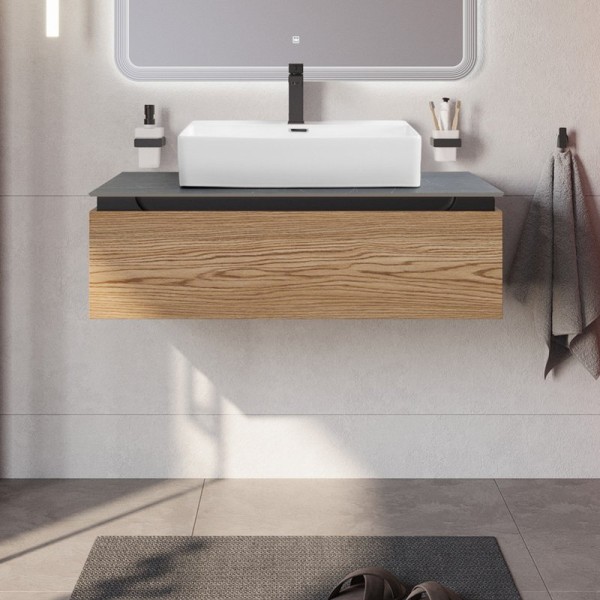 Тумба с раковиной Cezares Slider 100 подвесная, 1 ящик, дуб тангент, со столешницей marmo nero opaco