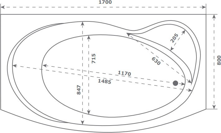 Акриловая ванна Bas Либера 170x100 см, правая, пристенная, белая, с каркасом, с сиденьем