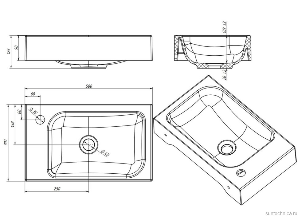Консоль с раковиной Belux Темпо 50 R подвесная, цвет консоли белый, сифон квадратный, хром
