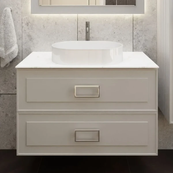 Тумба под раковину со столешницей La Fenice Cubo Twin 100 подвесная, cappuccino , бежевая матовая, столешница белый мрамор, ручка белая