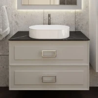 Тумба под раковину со столешницей La Fenice Cubo Twin 100 подвесная, cappuccino , бежевая матовая, столешница черный мрамор