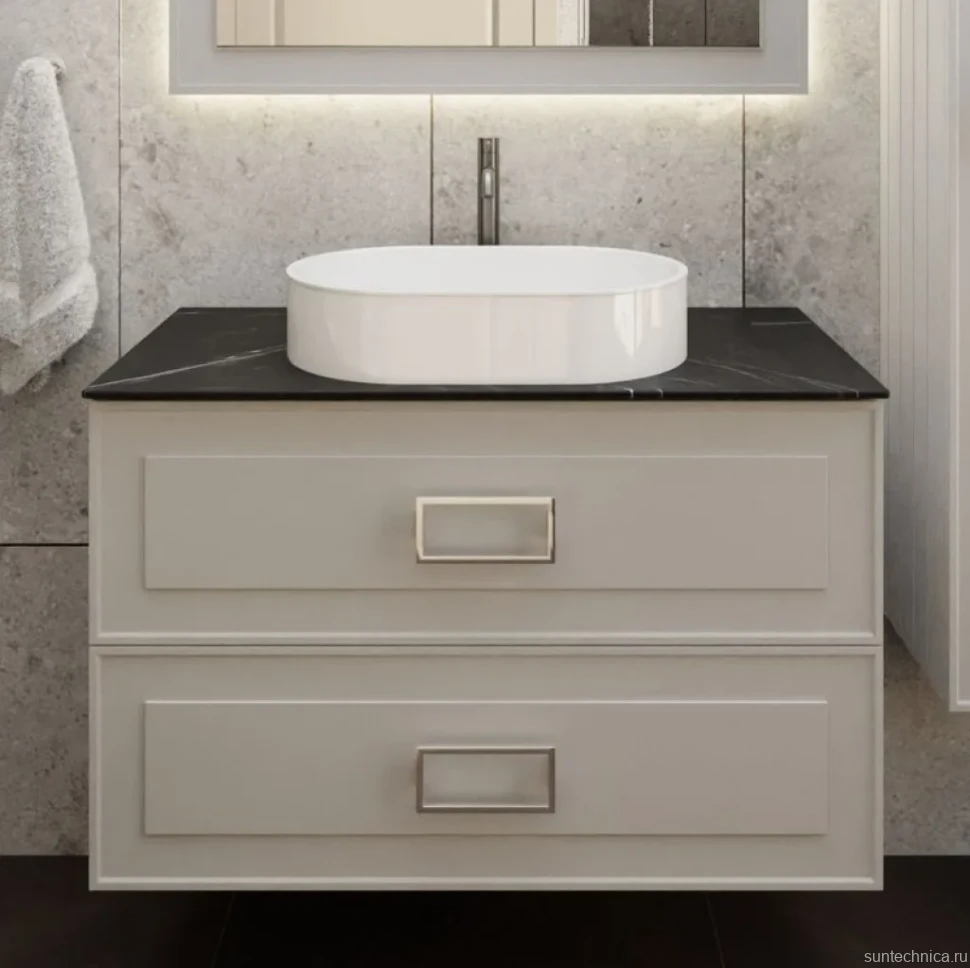 Тумба под раковину со столешницей La Fenice Cubo Twin 100 подвесная, cappuccino , бежевая матовая, столешница черный мрамор