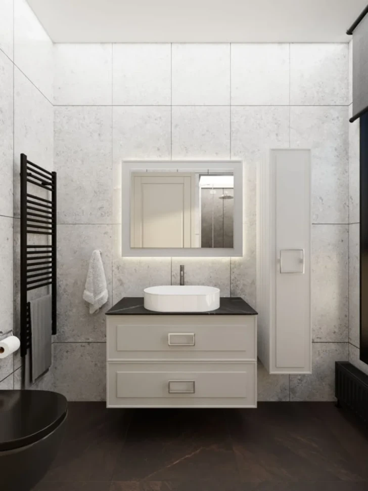 Тумба под раковину со столешницей La Fenice Cubo Twin 100 подвесная, cappuccino , бежевая матовая, столешница черный мрамор
