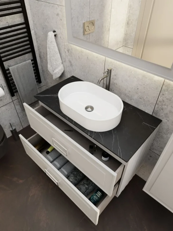 Тумба под раковину со столешницей La Fenice Cubo Twin 100 подвесная, cappuccino , бежевая матовая, столешница черный мрамор
