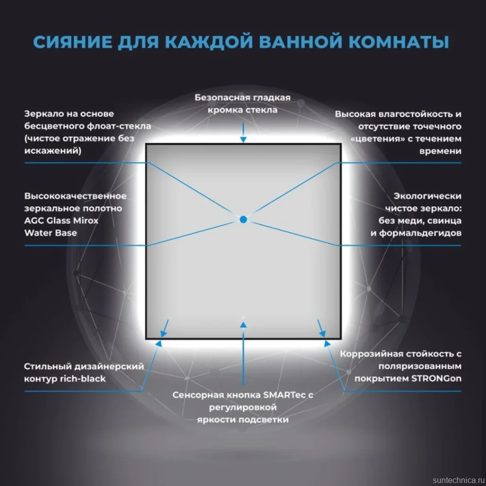 Зеркало Wellsee 7 Rays’ Spectrum 80х80 с фронтальной подсветкой, черное матовое