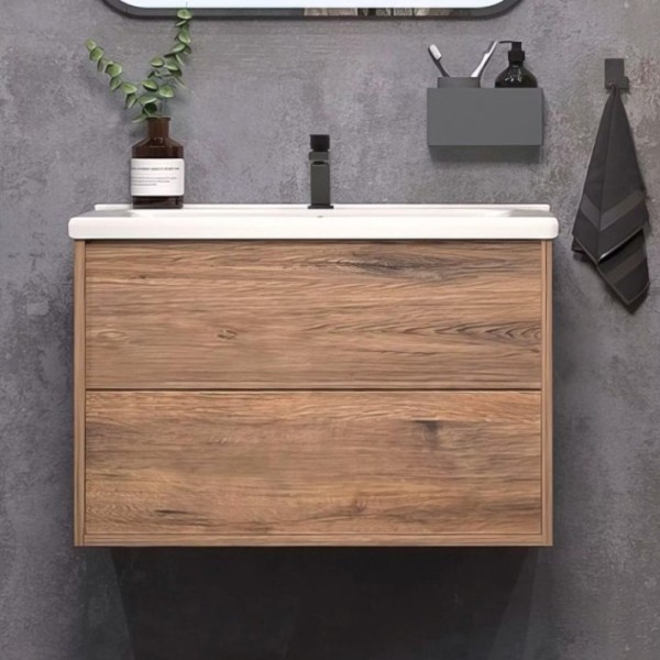 Тумба с раковиной SanStar Siva 70 подвесная, дуб веллингтон табак, раковина Миранда