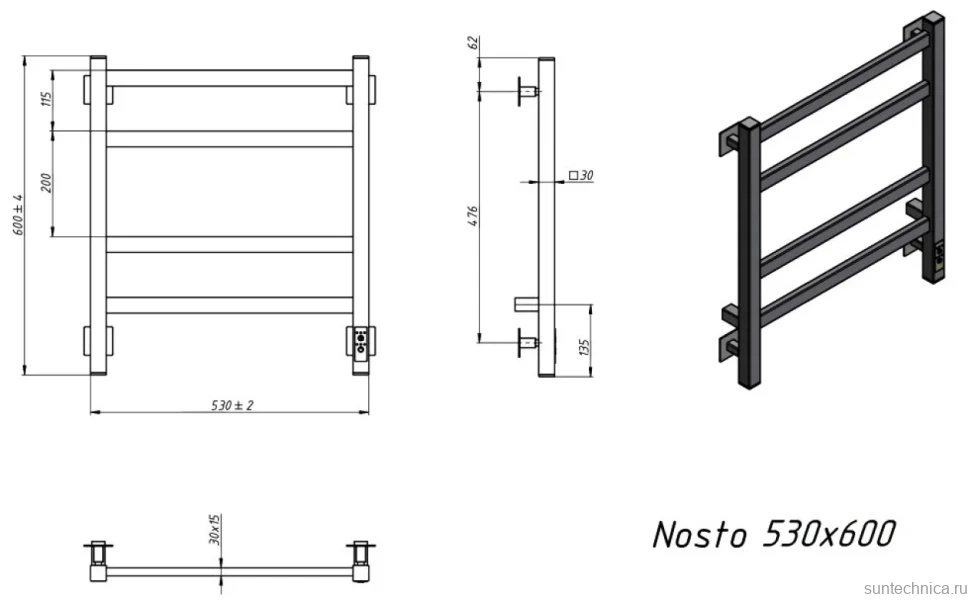 Полотенцесушитель электрический Grota Nosto 530х600 NM EL 60x55 см, подключение справа, слева, скрытое подключение справа, матовый хром, лесенка