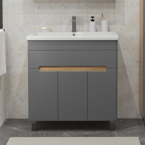 Тумба с раковиной SanStar Модена 80 напольная, графит софт, дуб вотан, раковина Como 80