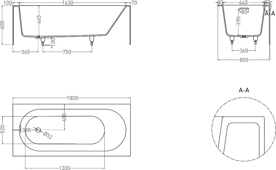 Ванна из искусственного камня Salini Fabia S-Sense 180x80 см, пристенная, матовая белая, с донным клапаном