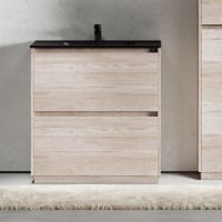 Тумба с раковиной Sancos Libra Floor 80 дуб галифакс натуральный, черная раковина CN7005MB