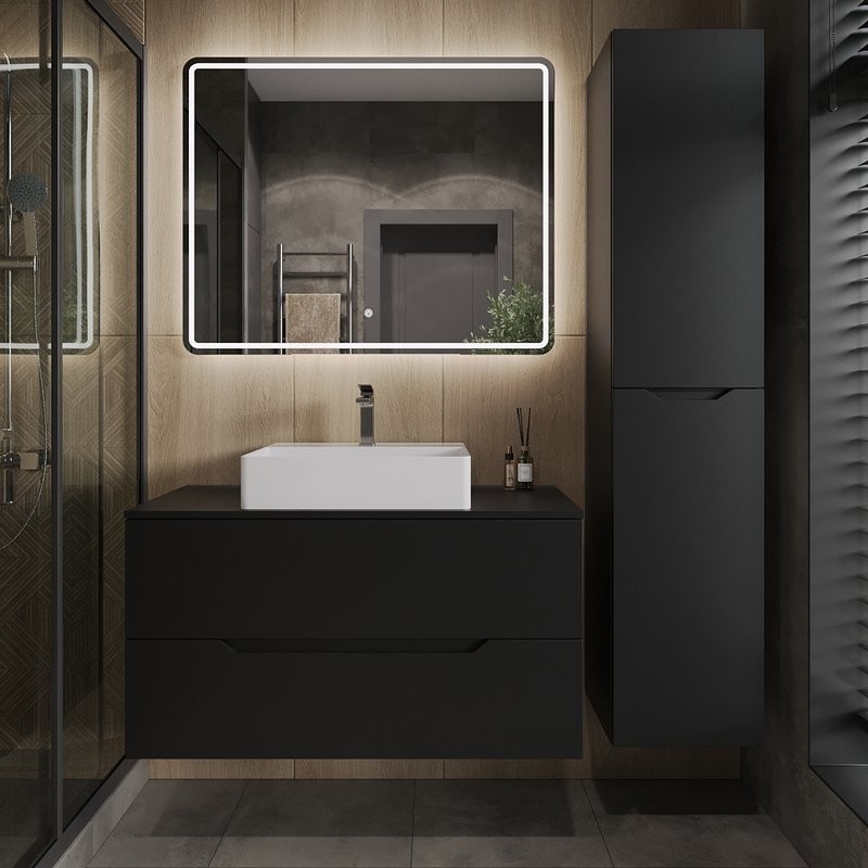 Мебель для ванной комнаты Orange Line 100 подвесная, 2 ящика, матовая черная с раковиной B04-500W
