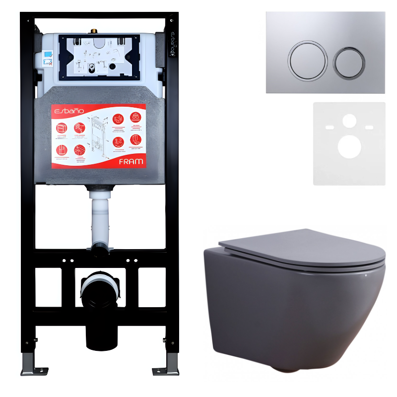 Комплект 3 в 1 Унитаз подвесной Esbano Azalea ESUPAZALGM + Инсталляция Fram + Кнопка ESINKRG11MC цвет матовый хром