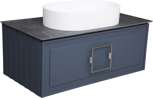 Тумба с раковиной La Fenice Cubo 90 подвесная, blu grigio, ручка хром, столешница черный мрамор, раковина белая матовая