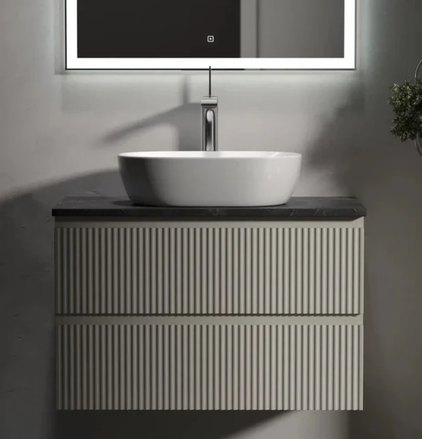 Тумба под раковину со столешницей Sancos Snob R 80 beige soft, столешница черный мрамор, с отв. под смеситель