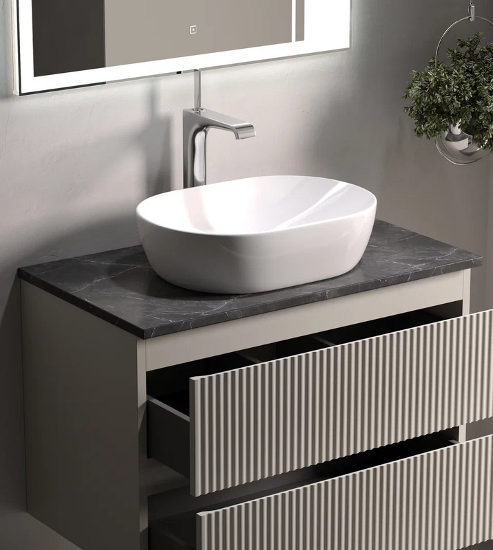 Тумба под раковину со столешницей Sancos Snob R 80 beige soft, столешница черный мрамор, с отв. под смеситель