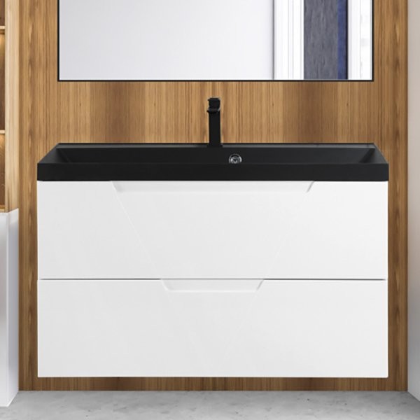 Тумба с раковиной BelBagno Vittoria 100 подвесная, bianco lucido, черная матовая раковина